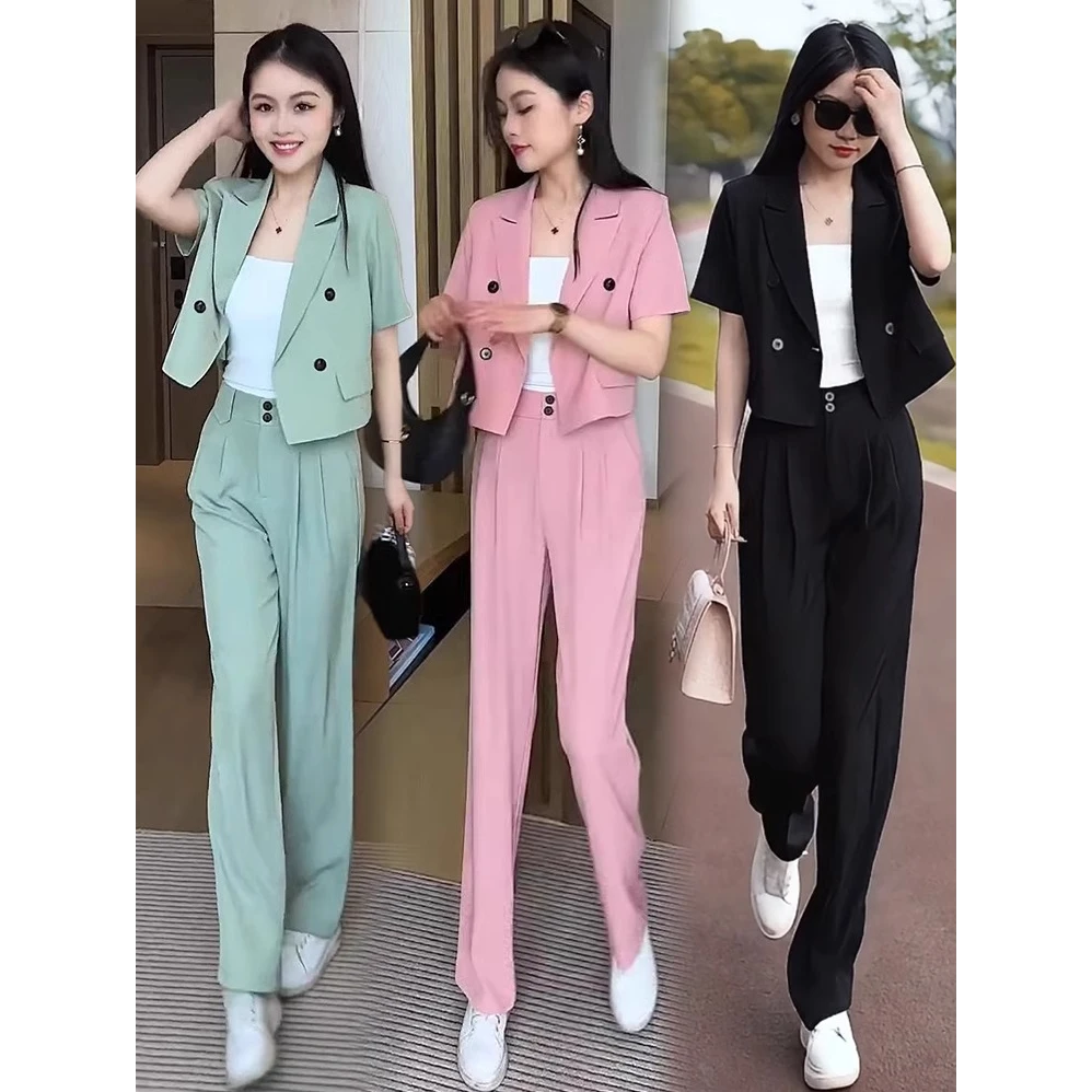 时尚套装女2025春夏新款时髦洋气减龄短袖西装外套阔腿裤两件套潮