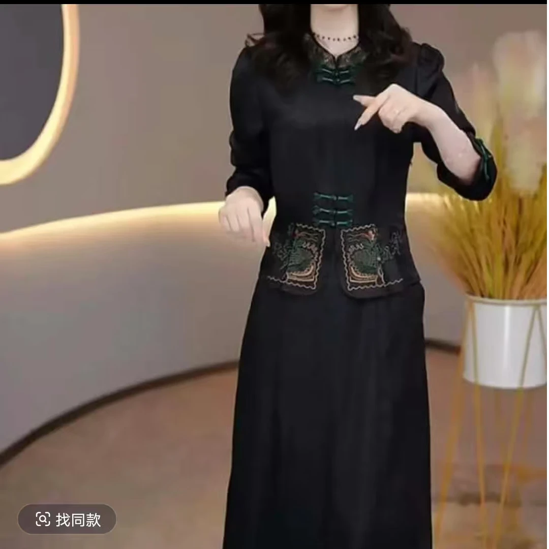 CHZM30新中式国风长袖连衣裙女秋新款妈妈高贵气质减龄假两件裙子