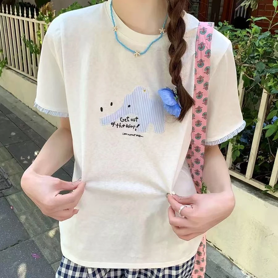 韩系蕾丝边袖口小象贴布短袖T恤女2025夏季新款休闲圆领小众上衣