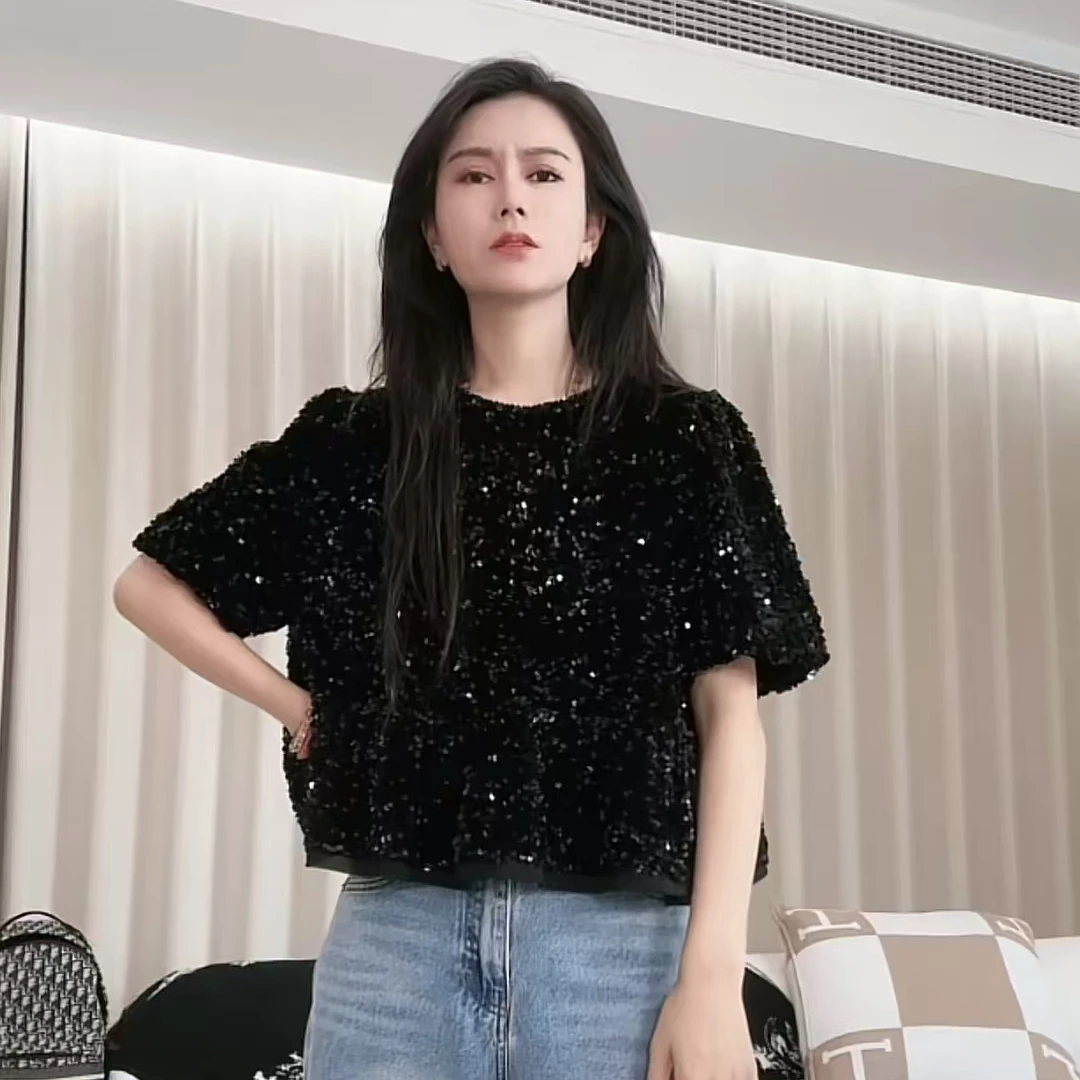 Anan“黑天鹅”闪闪短袖公主气质镶钻时尚百搭女士网红小香风外衣