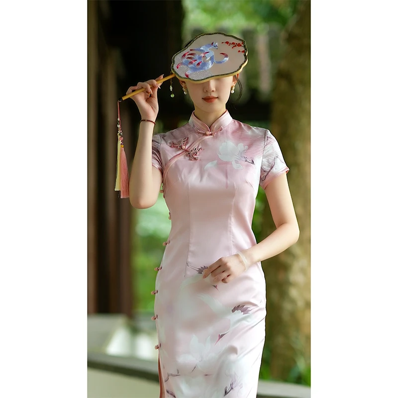 手工旗袍55072 金吴针中国风旗袍裙全开襟气质优雅修身夏季