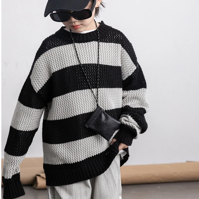 不童派 韩版新款春季男童条纹控毛衣中小童宽松套头针织衫