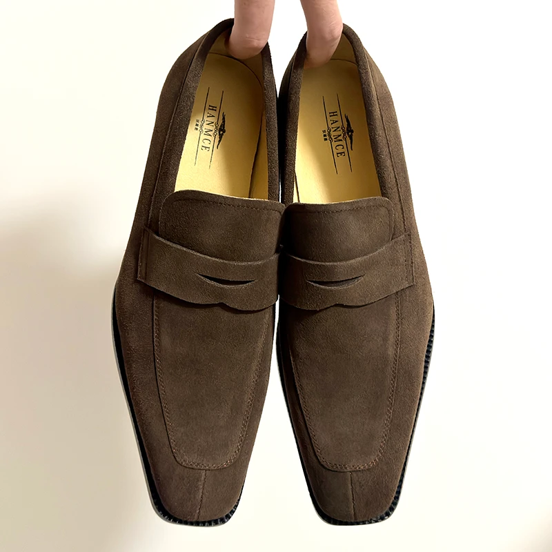 英伦方头牛反绒乐福鞋男办公室通勤上班鞋夏季透气真皮一脚蹬皮鞋