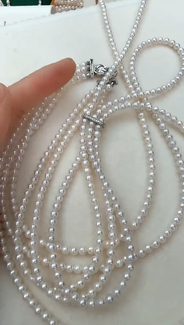 颈饰银S925镶嵌淡水珍珠三排毛衣链