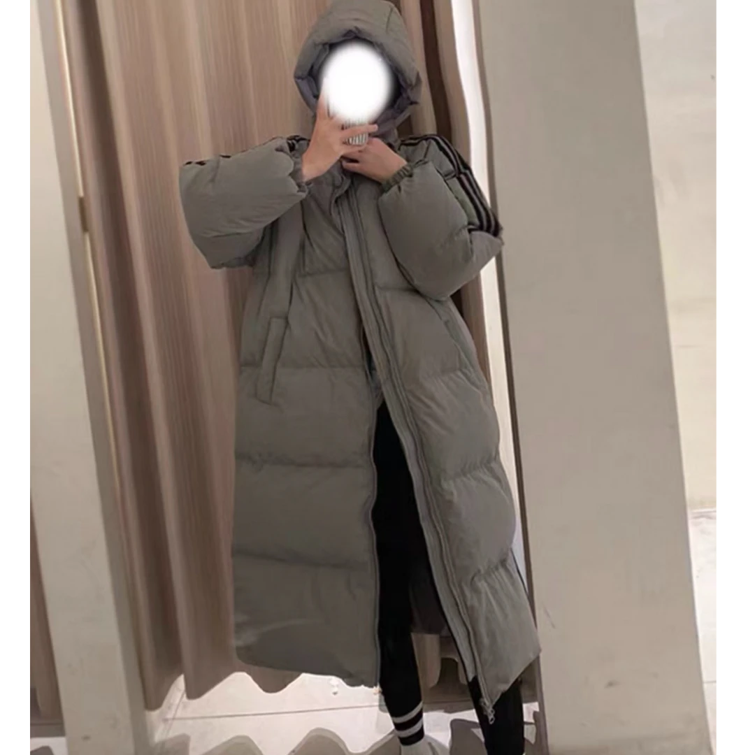 胖鹅张~韩版三条杠字母印花连帽过膝中长款棉服#061