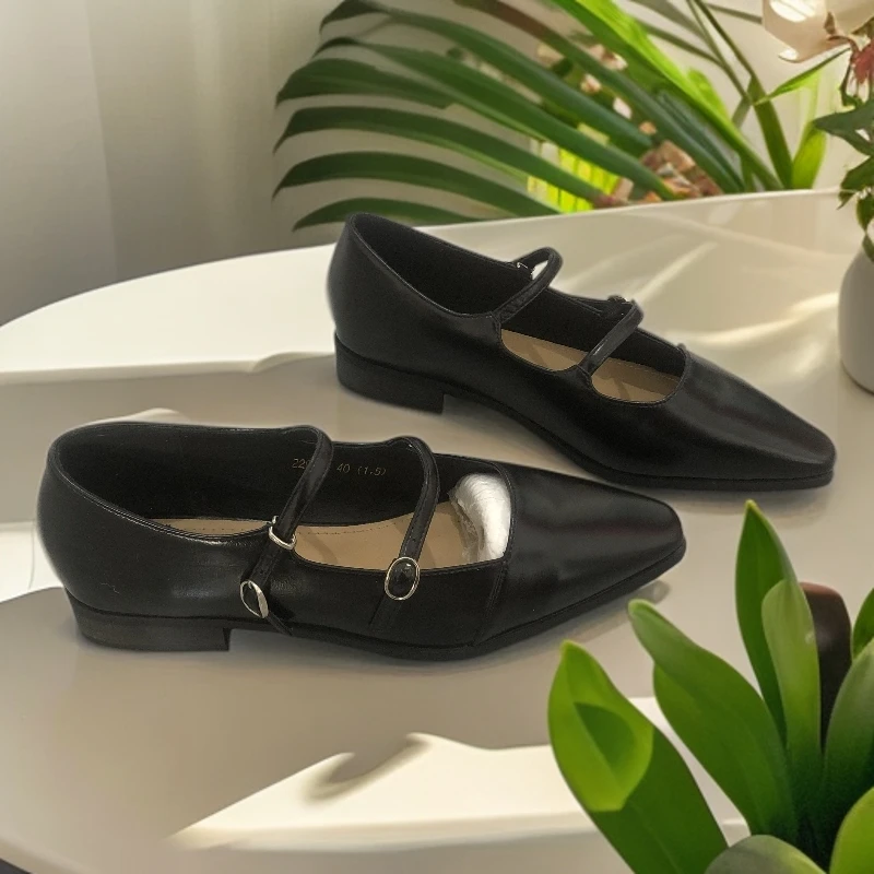 75 77 防滑粗跟法式浅口粘胶鞋尖头单鞋中跟方头低跟女鞋