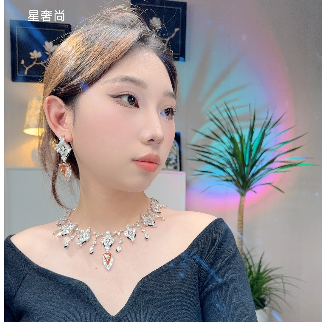 合金合成锆石耳饰 星奢尚 罗马菱方项链耳环奢华潮奢华大气轻奢HJ