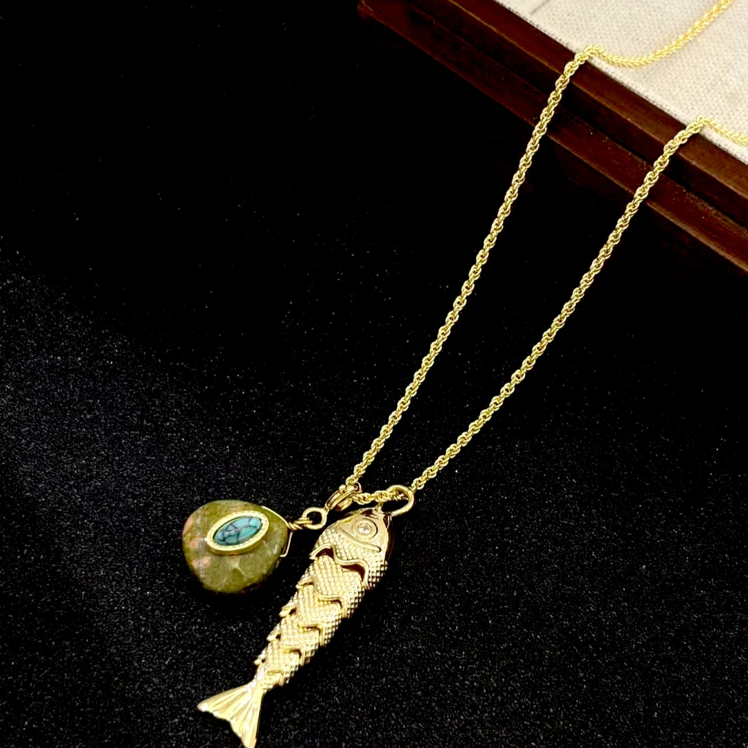 铜合金项链 c711丽银【锦鲤休闲项链】气质小众设计小鱼毛衣链5919