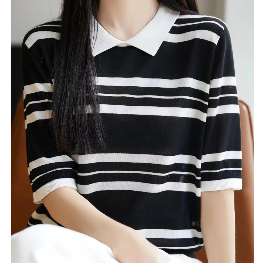 100天丝娃娃领条纹短袖女时尚百搭上衣D834