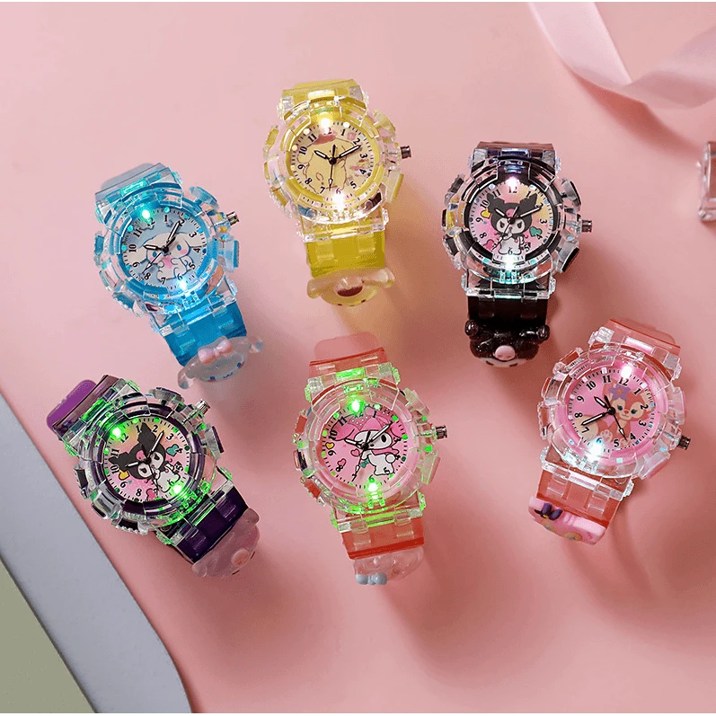 儿童手表库洛米三丽欧透明闪光男孩女孩玩具石英表卡通电子发光表
