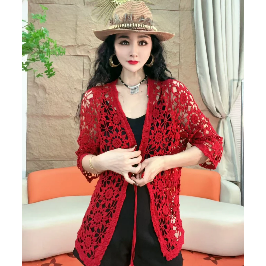 662【凡家衣橱】夏季镂空花边防晒开衫绑带宽松针织空调衫薄款外套