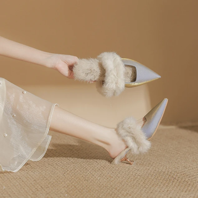 气质保暖网红纯色高跟时尚低跟简约包头拖法式秋冬加绒毛毛包头款