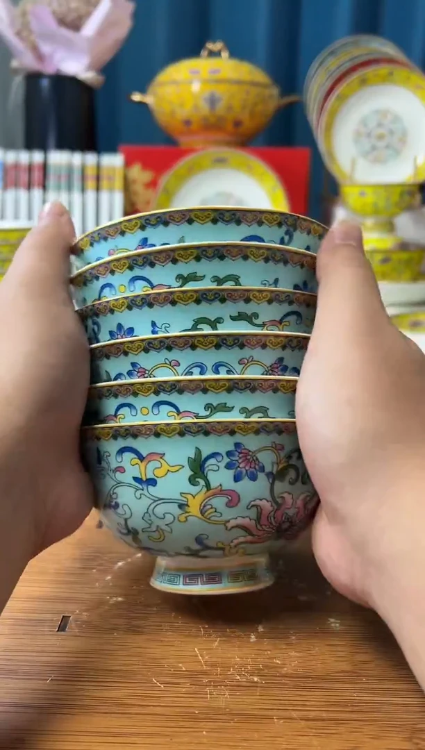 景德镇珐琅彩高脚防烫4.5英寸米饭碗 蓝色6个