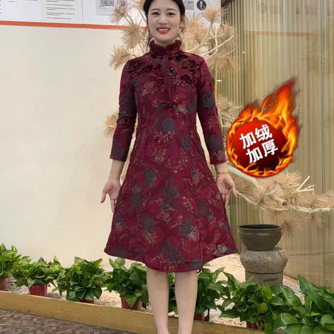中式妈妈冬季加绒旗袍连衣裙新款喜婆婆气质显瘦礼服保暖裙子