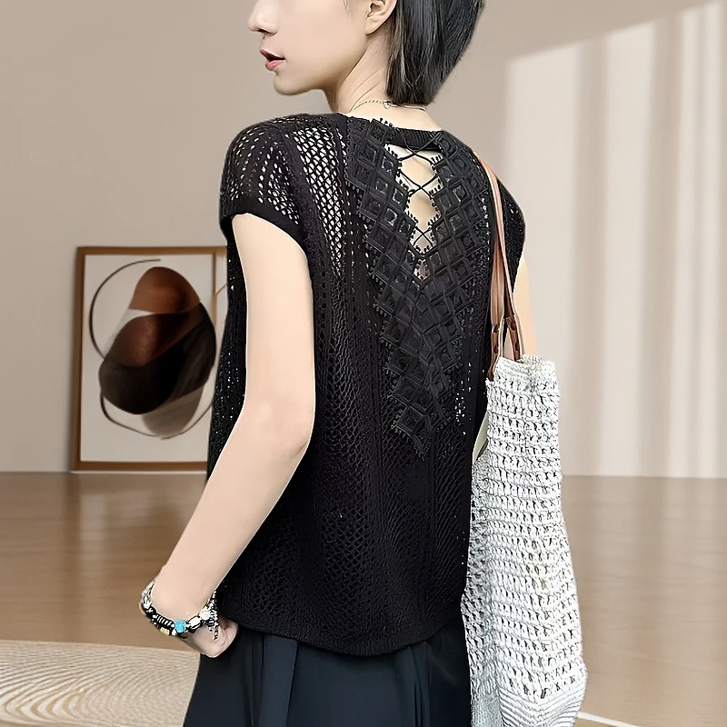 设计感后背蕾丝镂空冰丝针织衫2025夏季短袖法式上衣时尚显瘦B216