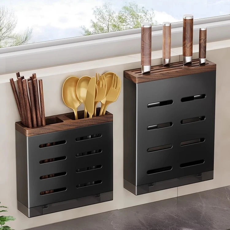 胡桃木刀架置物架厨房壁挂不锈钢刀架筷子筒一体多功能刀具收纳架