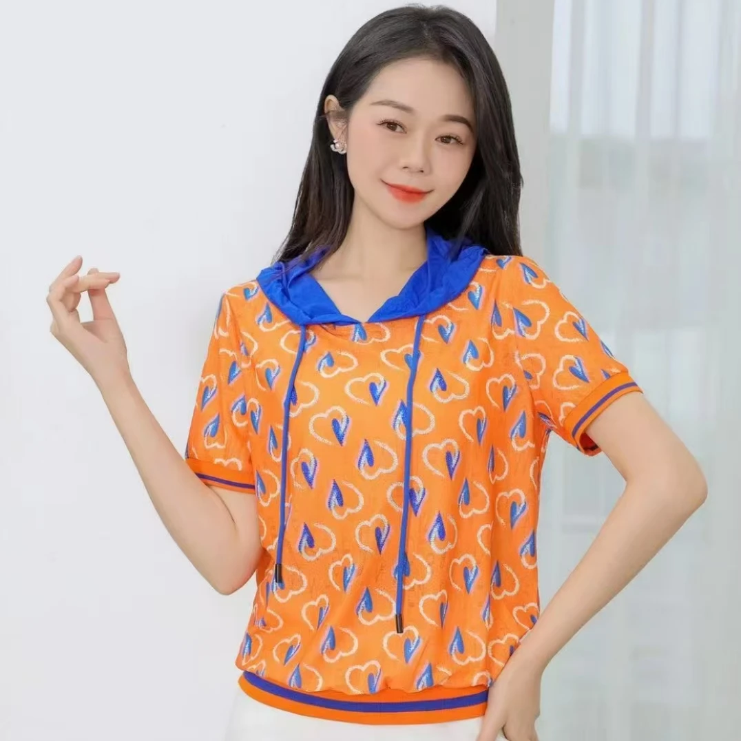 夏季T恤透气吸汗短袖连帽常规休闲时尚宽松运动女士百搭显瘦速干