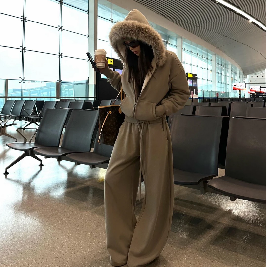 韩版纯欲风时尚少女风连帽时尚套装高腰百搭慵懒风气质外套长裤女