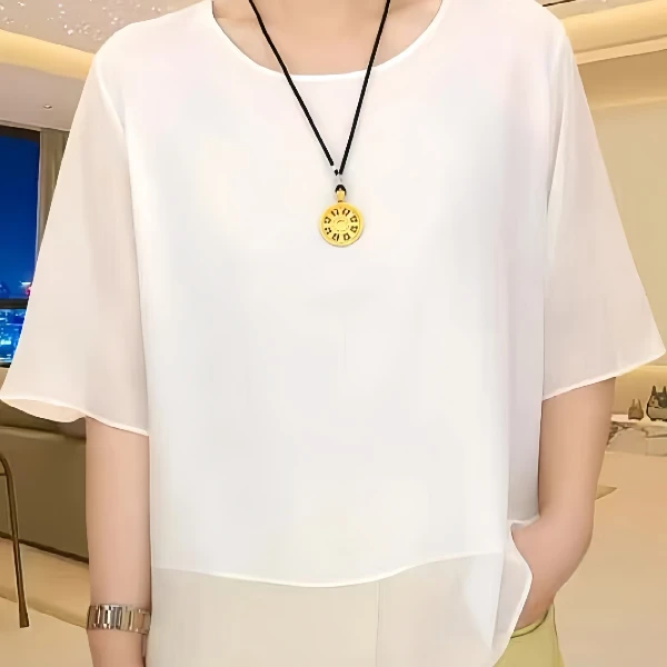 大码女装时尚洋气宽松圆领中袖衬衫新款夏季胖mm显瘦遮肚小衫衬衣
