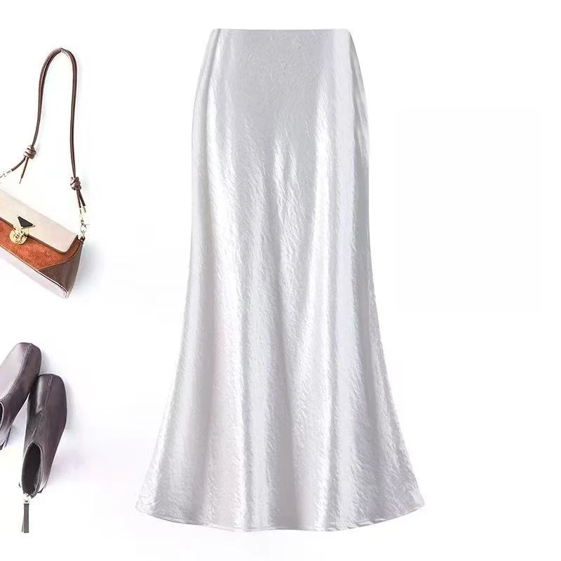 高腰显瘦中长款缎面醋酸丝滑半身裙2024春夏新款包臀鱼尾A字长裙