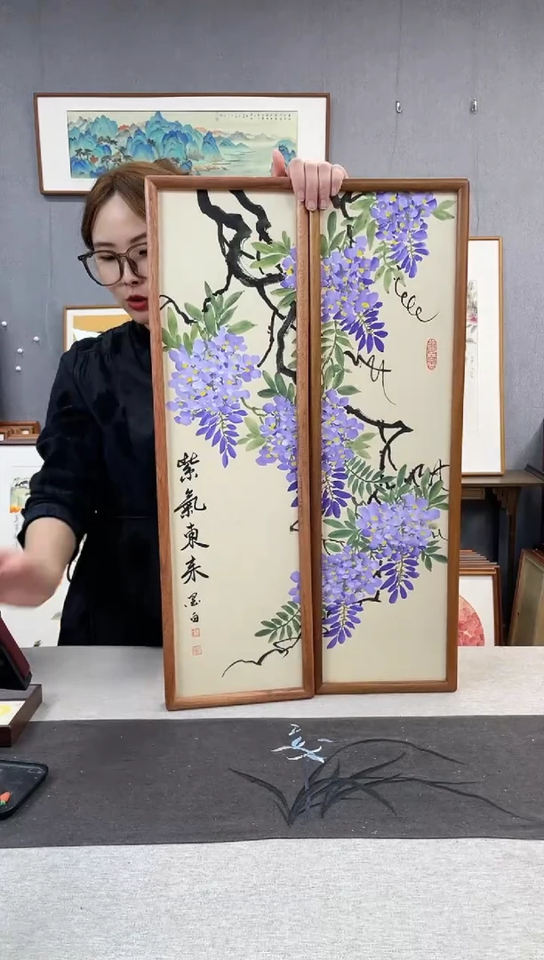 【闪购商品】国画手写手绘带框作品-20*70-紫藤