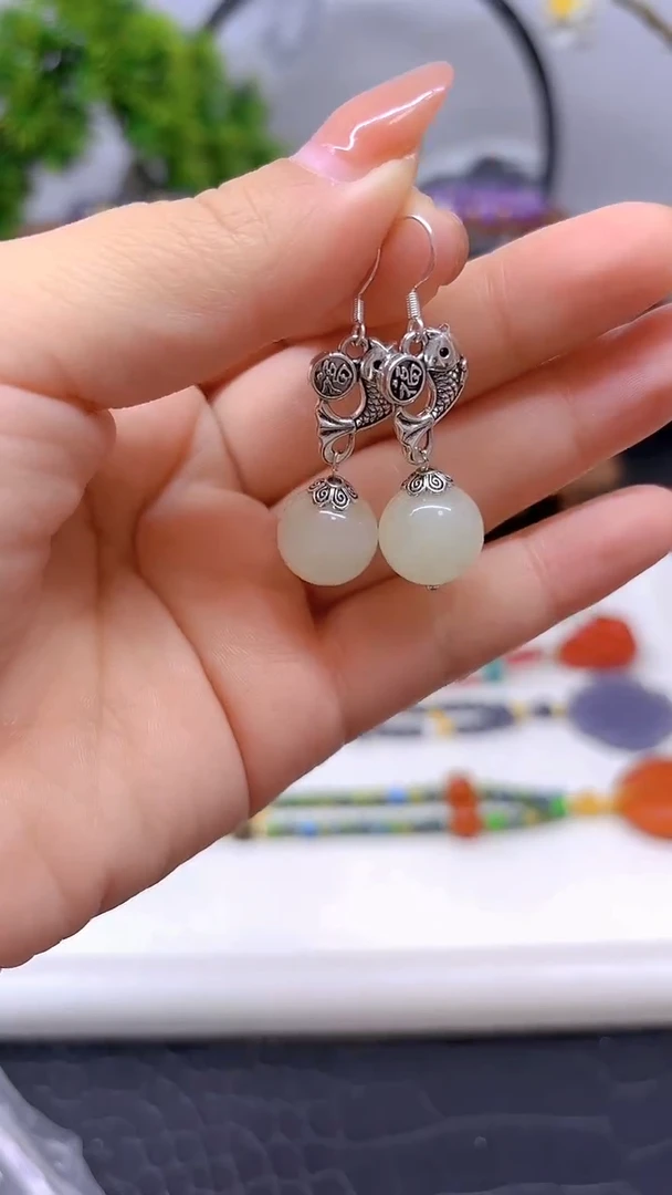 银S925镶嵌和田玉（白玉）耳饰E783