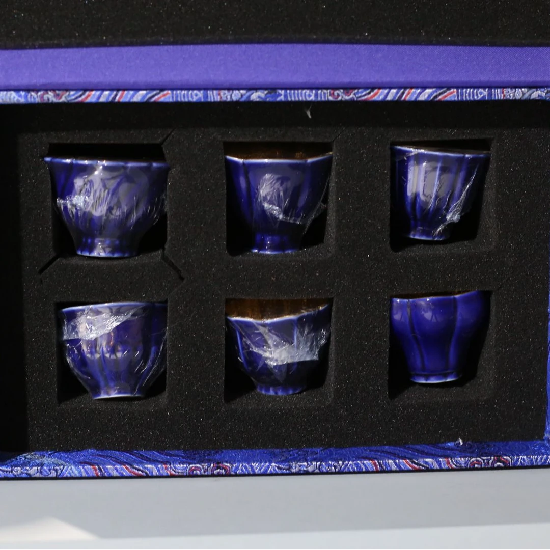 【宜景窑蓝宝王子鎏金系列】六只杯子50cc套组全手工制作