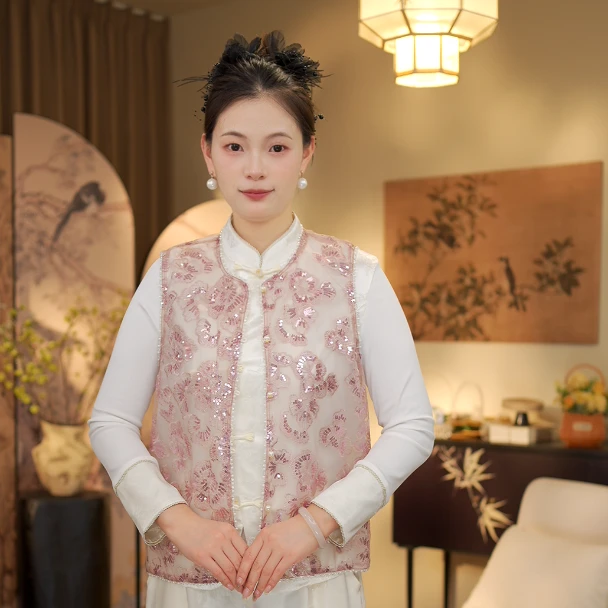 夏日幽兰 手工钉珠珍珠扣子重工马夹3056