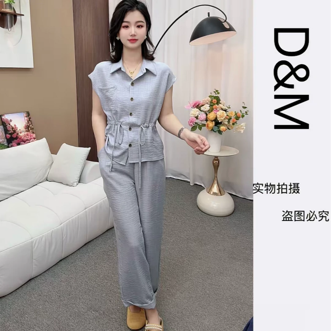 2025年夏季新款气质麻感设计感衬衫领短袖衬衫九分裤OL风套装女