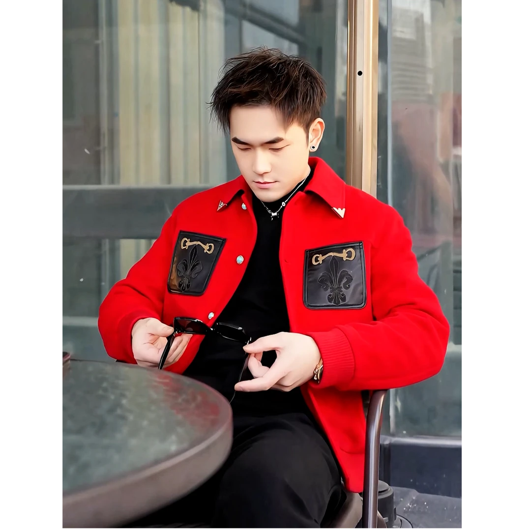 2024冬季轻奢拼皮痞帅翻领保暖羊毛夹克休闲潮牌修身加绒外套男