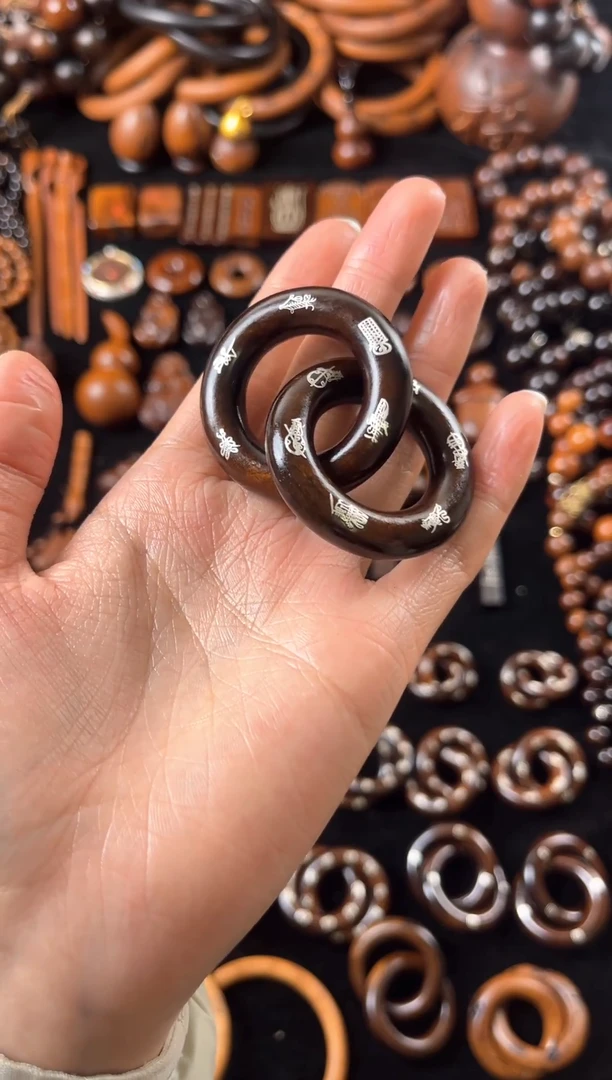 枣木雷击枣木玉化镶银五雷五路乾坤圈2.5