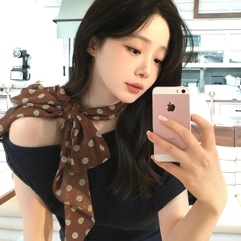 新款波点丝带棕色复古丝巾女网红长条系脖领巾发带夏豹纹辣妹飘带