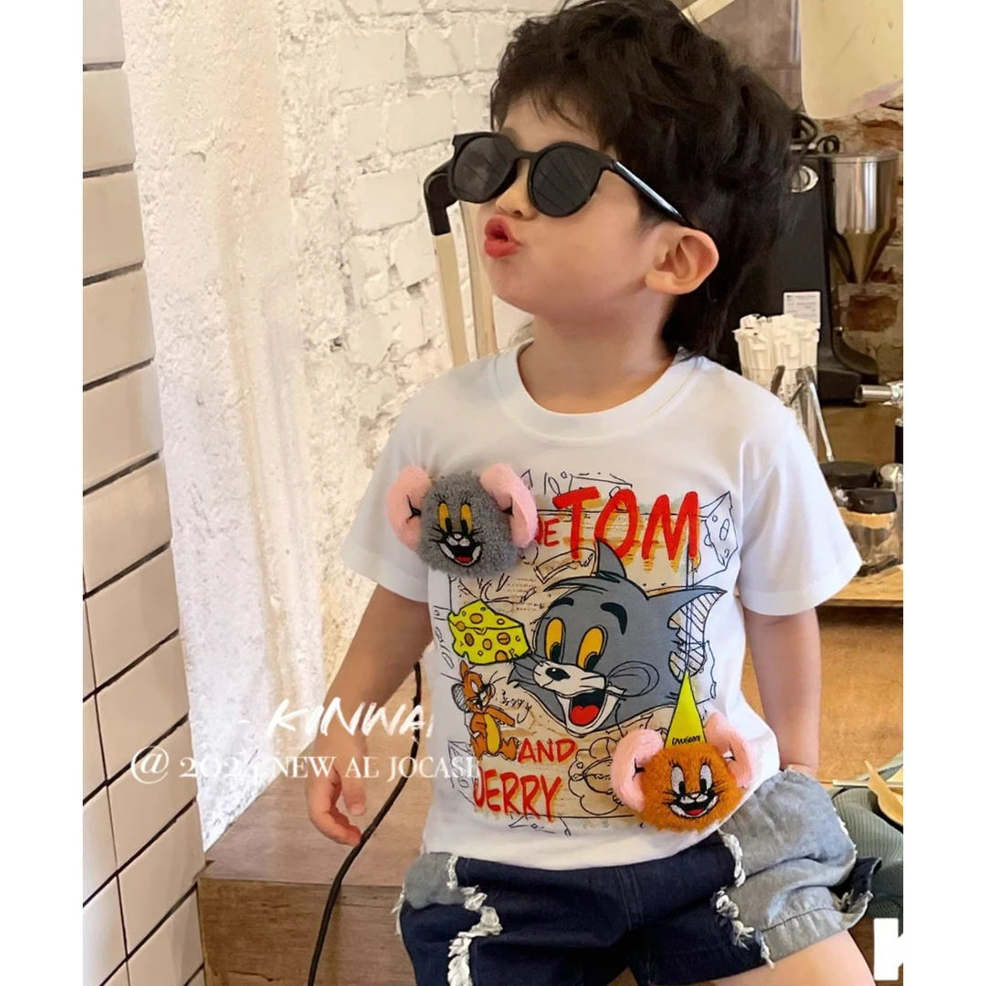 【自播】儿童夏季纯棉立体玩偶T恤猫和老鼠印花图案休闲透气短袖