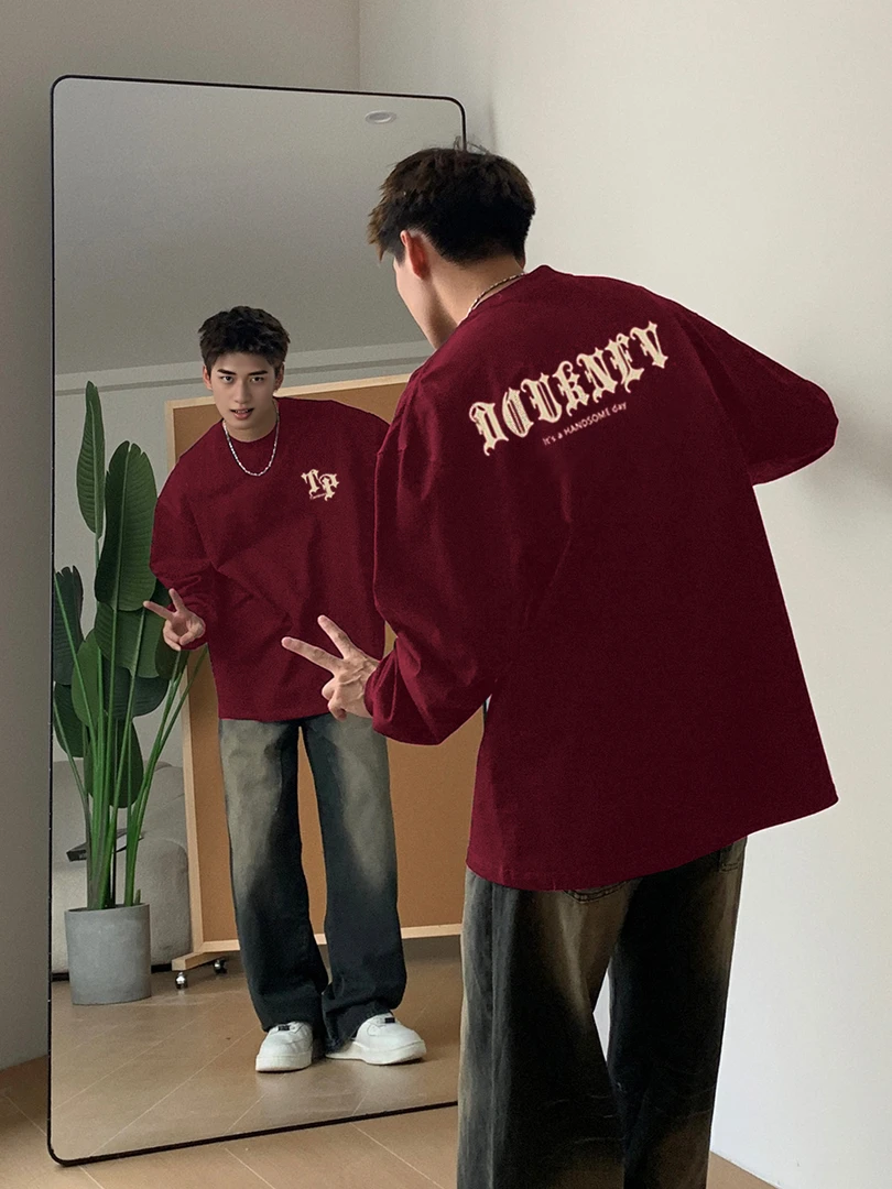 【重磅纯棉】秋冬新款红色休闲圆领宽松国潮印花复古ins男款长袖T恤