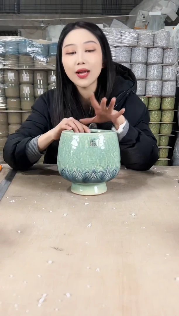 【闪购商品】陶瓷奖杯高脚裂纹浅绿15x18