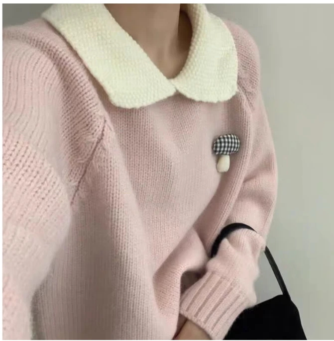 大码】344撞色娃娃领毛衣女秋冬设计感翻领宽松套头针织衫上衣