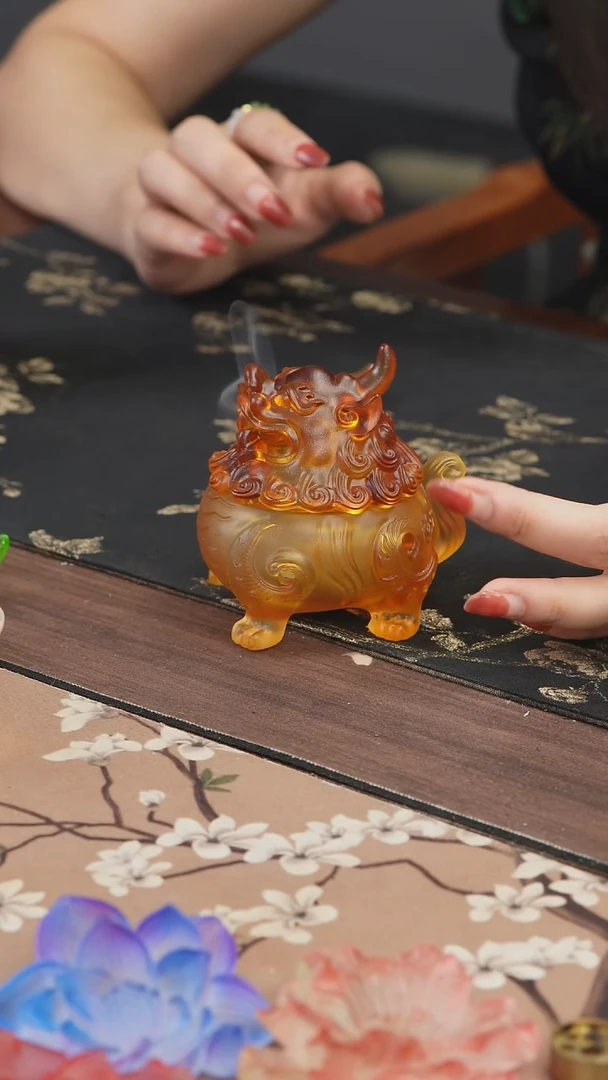手工艺品琉璃黄色狻猊香炉小号