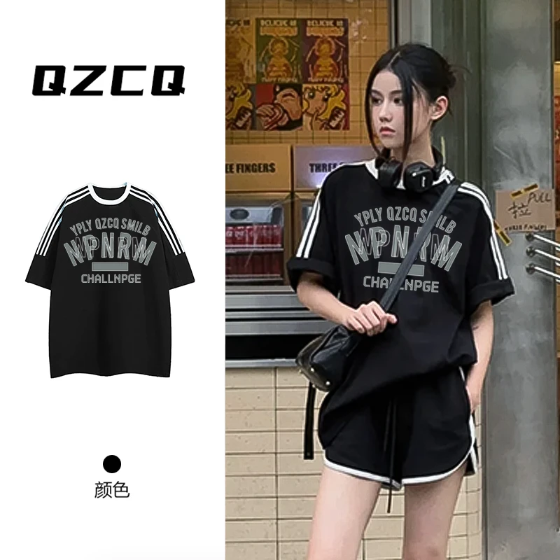 【纯棉】百搭宽松615男女同款港风三条杠短袖t恤韩版潮休闲上衣圆领