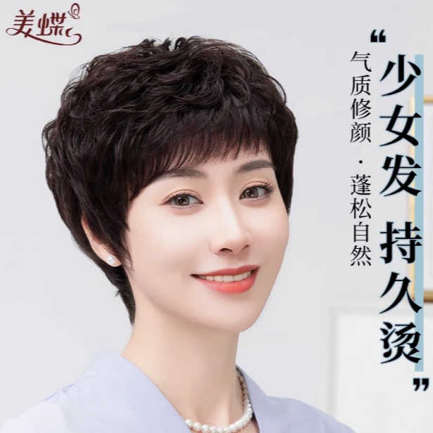 假发全头套女真人发丝短卷发持久烫自然隐形发套中老年女妈妈款