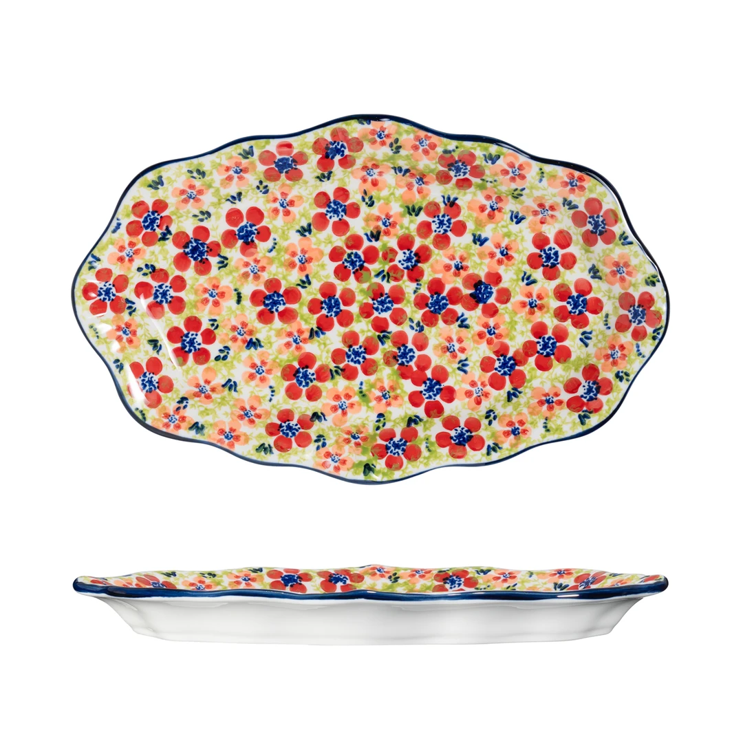 【SILESIA/出口原单】手绘碧丝粉黛（三色花）-13英寸双耳鱼盘（加厚）