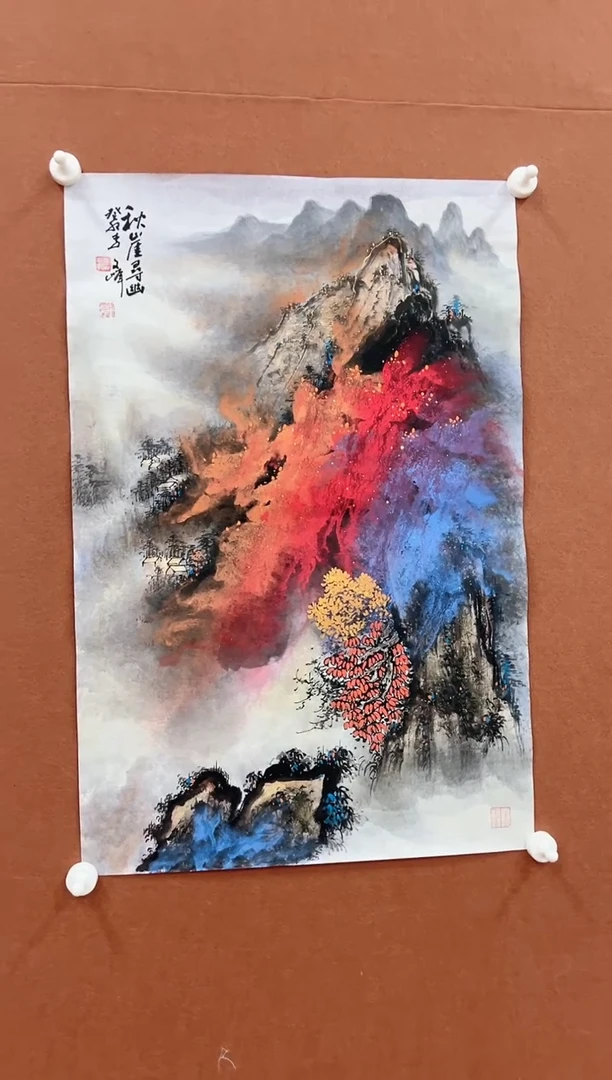 国画李文峰四尺三开泼彩山水