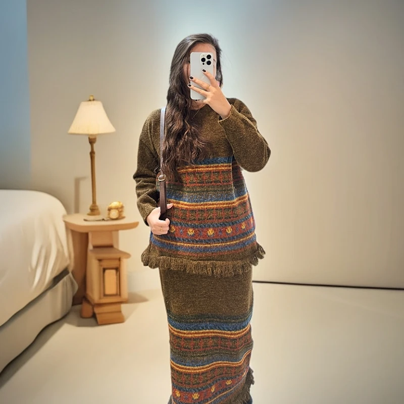 2025新款美拉德风宽松条纹针织两件套套装日常百搭款复古民族风