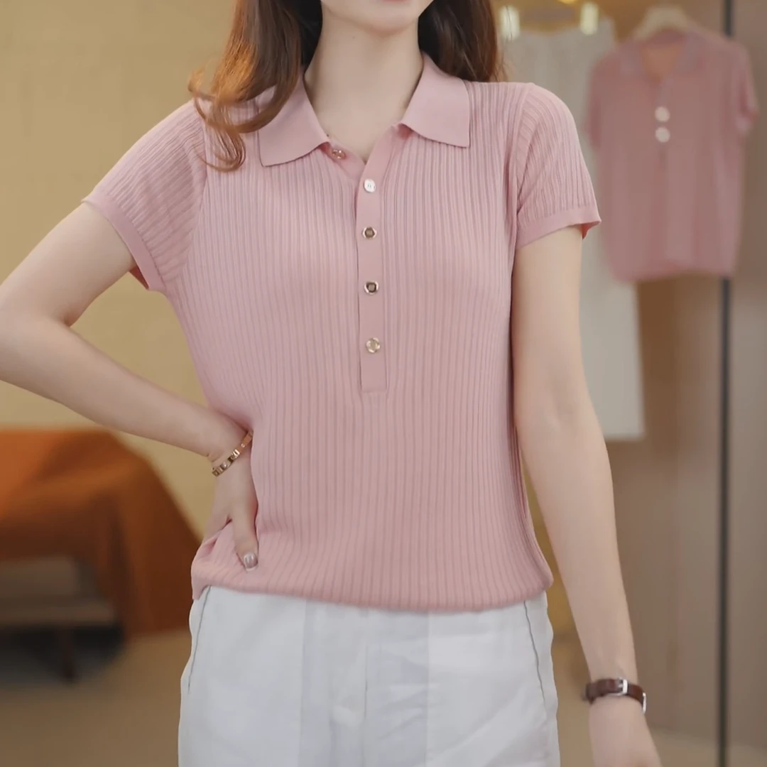 冰凉~透气新款翻领显瘦气质短袖女针织上衣2025夏季新款纯色小衫
