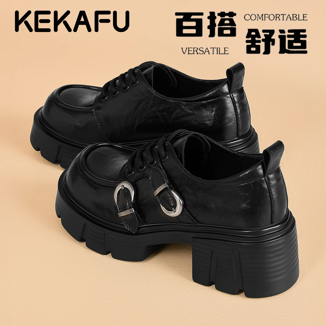珂卡芙黑色厚底乐福鞋女2025秋冬新款英伦小皮鞋百搭增高粗跟单鞋