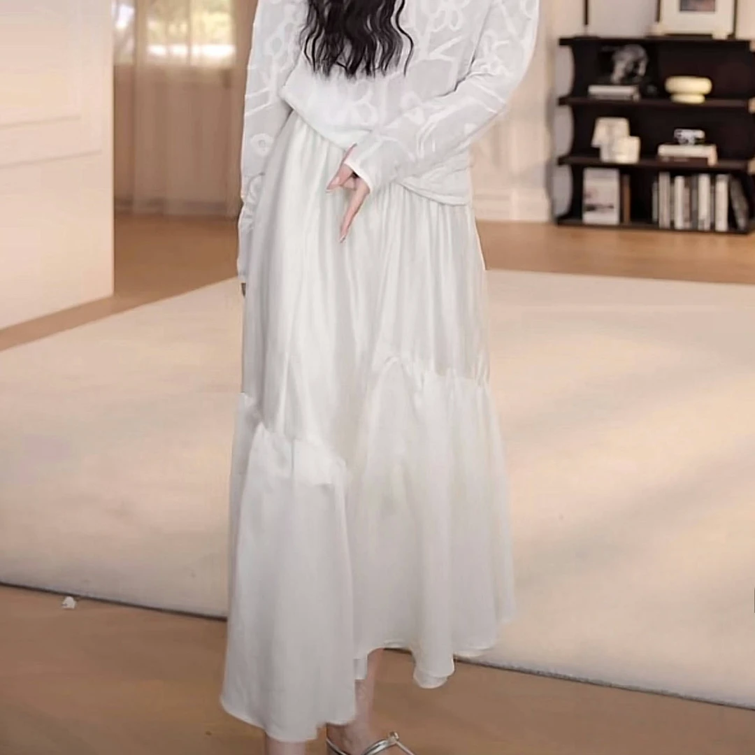 温柔风气质不规则白色半身裙女2025新款春夏显瘦百搭松紧腰半裙