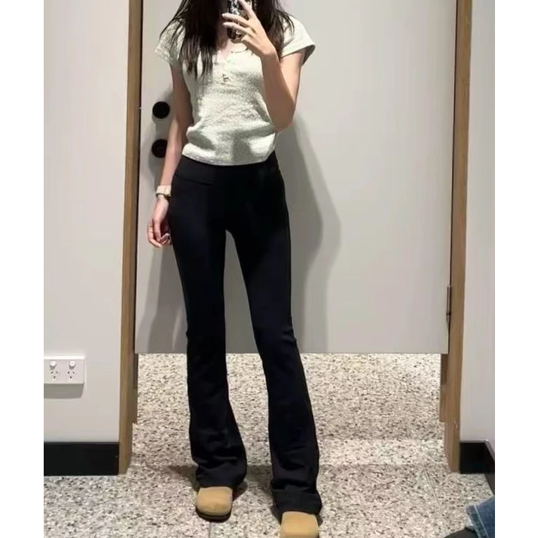 24181-lulu同款牛仔裤无尴尬线微喇黑色瑜伽裤女春季喇叭裤子