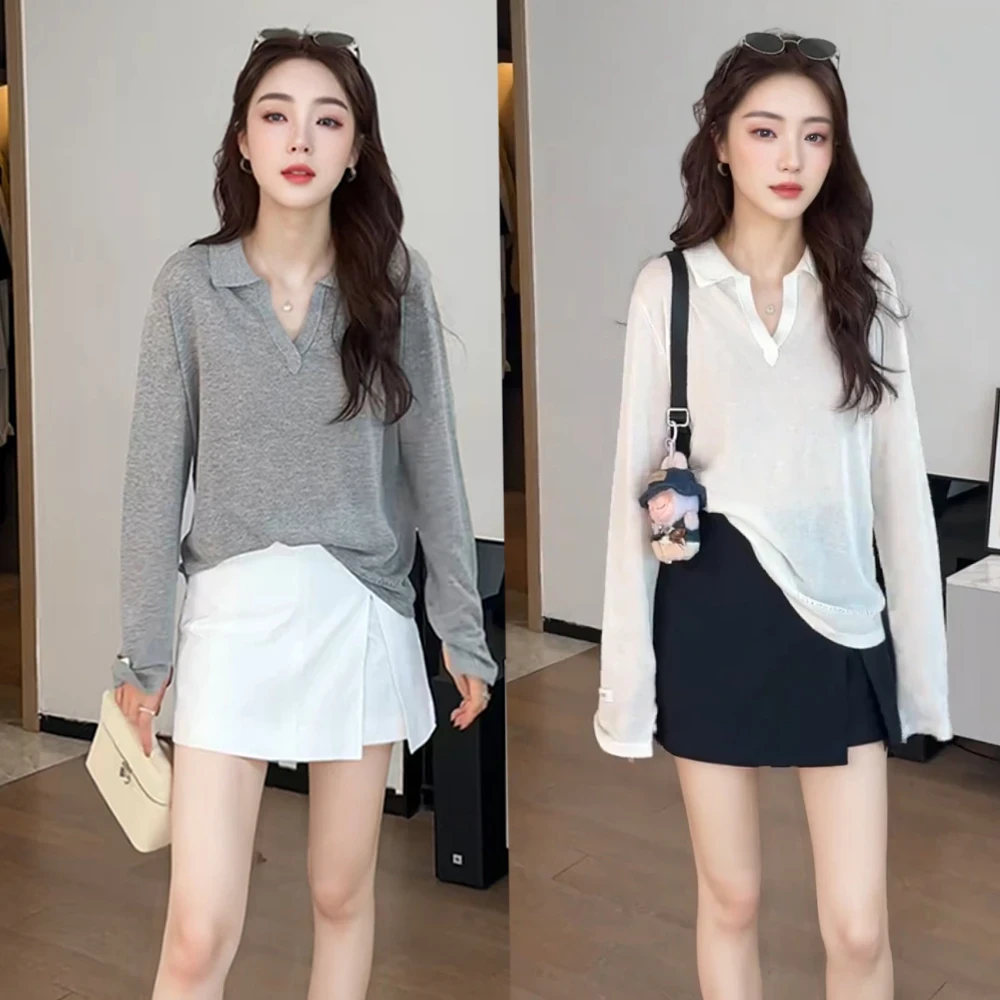 夏季新款气质宽松海鸥领薄款长袖防晒罩衫上衣针织