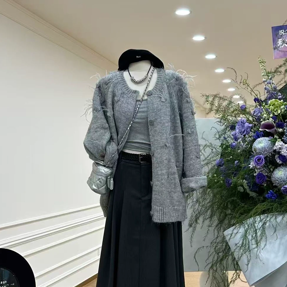 【花间海】精致少女感爱心花瓣气质羽毛开衫-566