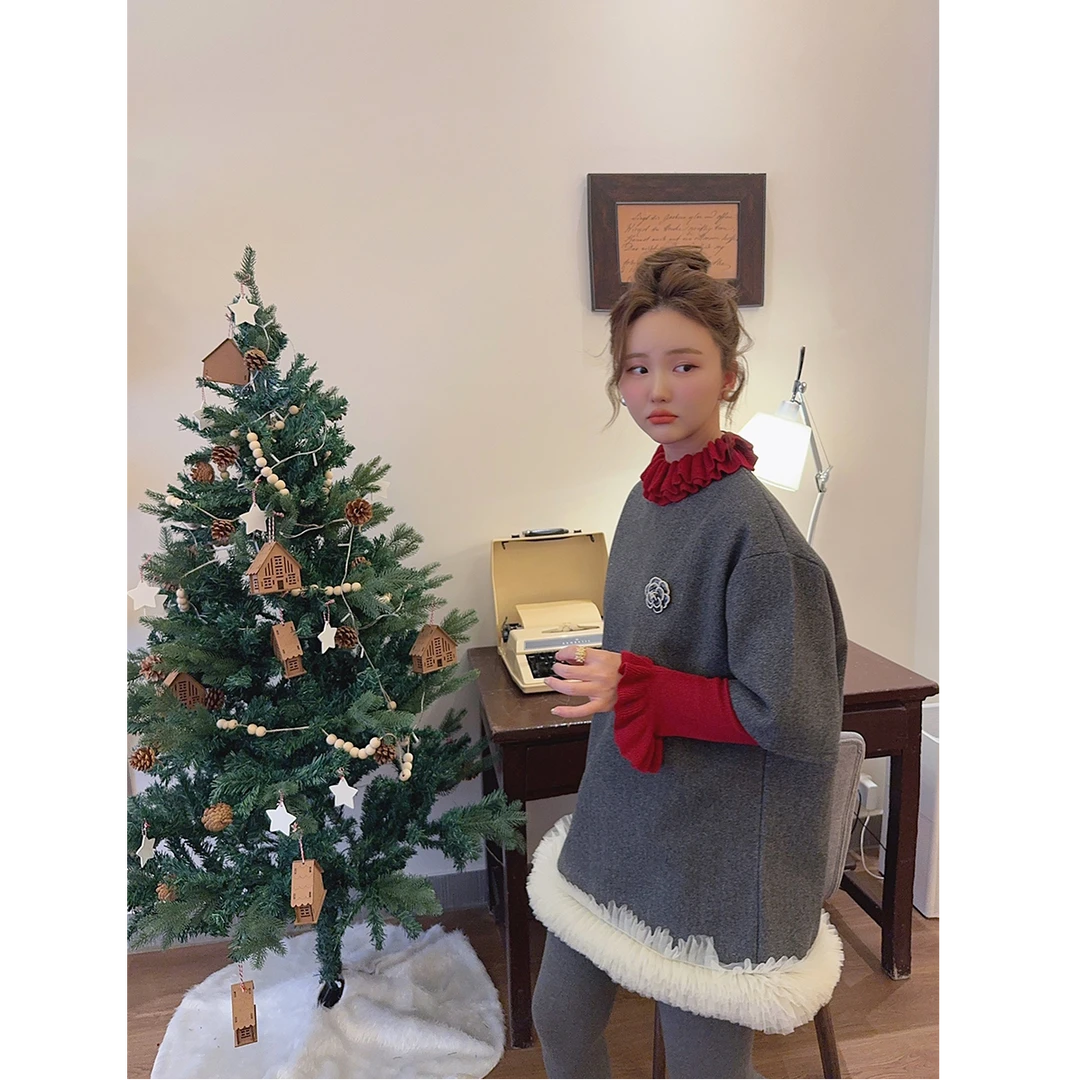 智英欧尼【小香风气质连衣裙女秋冬时尚小个子网纱拼接短袖芭蕾裙】