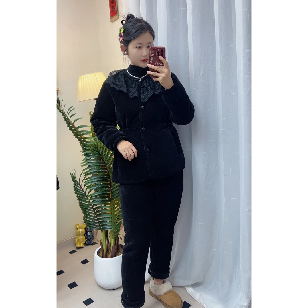032套装蕾丝领冬季睡衣女保暖三层加厚夹棉加绒气质可外穿